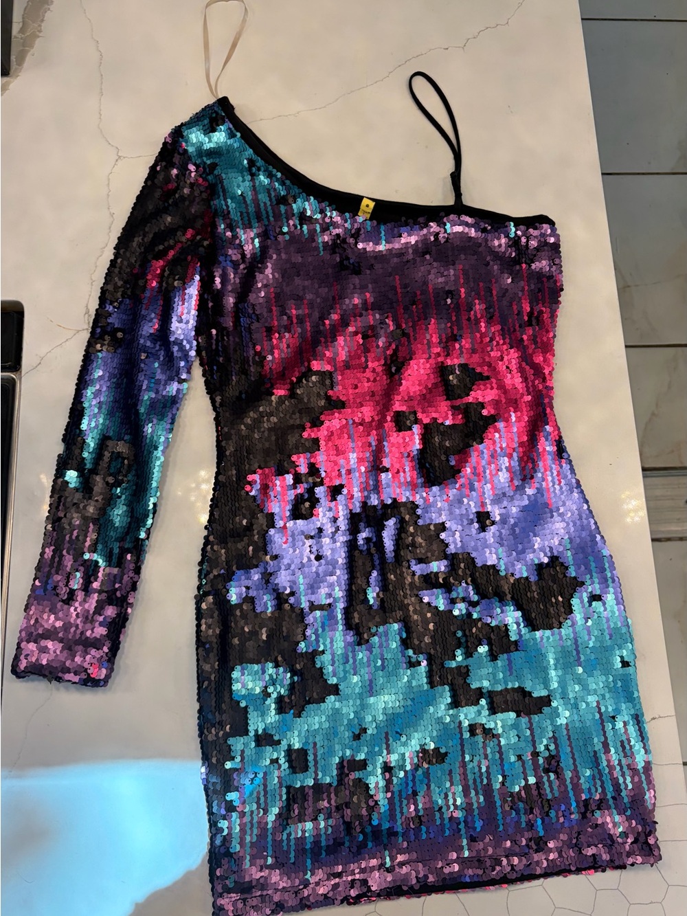 Charlotte Russe One-Shoulder Sequin Mini Dress in Pink, Purple & Teal